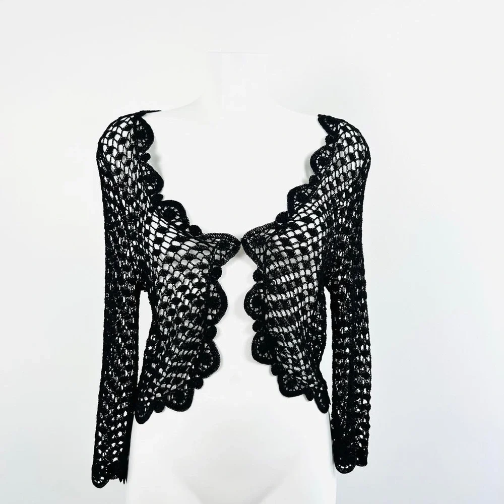 Vintage 90s Y2k Crochet Knit Shrug cropped Cardigan UK 10 12 Black Gothic Witch - Picture 8 of 8